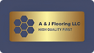 Gold business card with honeycomb design, reads "A & J Flooring LLC" and "High Quality First" on a dark background.
