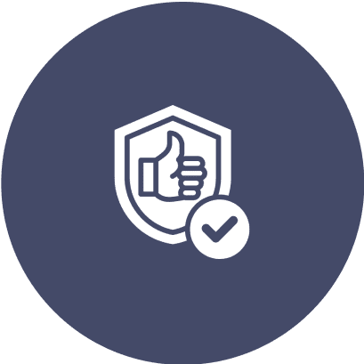 Durable and Reliable Materials Icon of a shield with a thumbs-up inside and a checkmark in a circle overlapping it, set against a dark blue circular background.